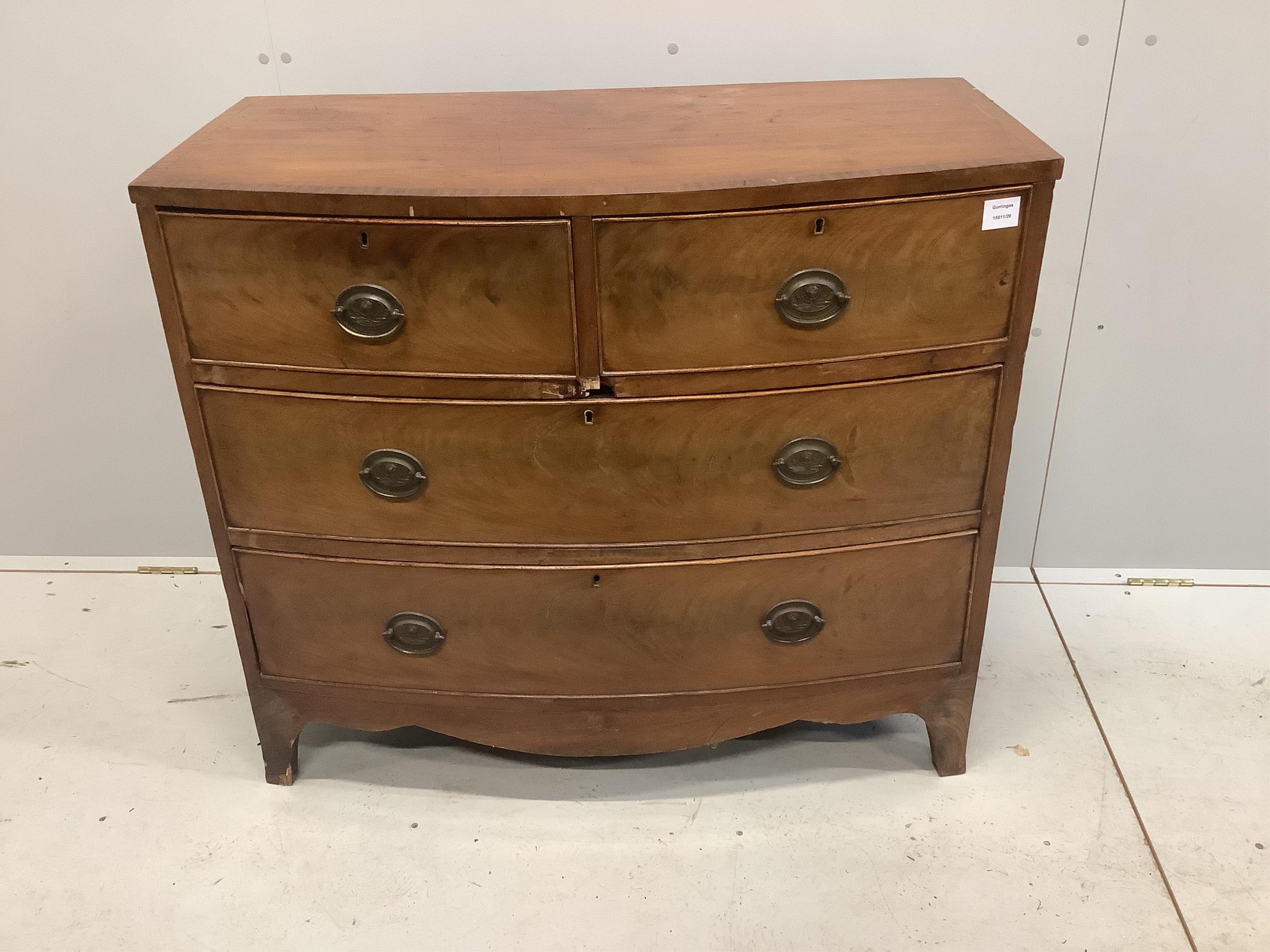 A Regency mahogany bowfront chest of drawers, width 98cm, depth 50cm, height 85cm. Condition - fair